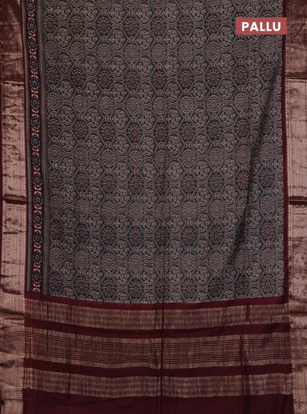 Assam silk saree grey and wine with allover ajrakh prints and zari woven border