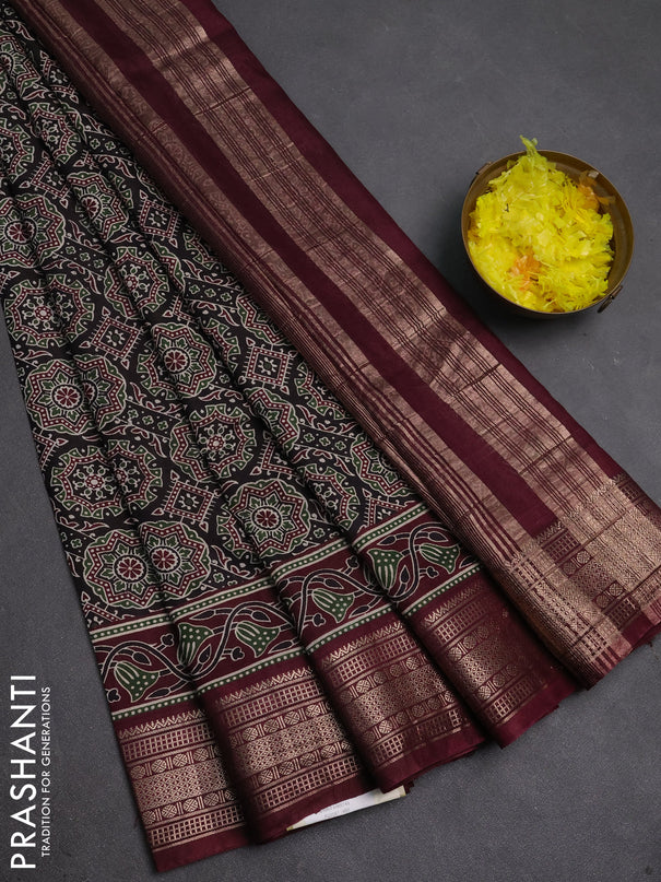 Assam silk saree black and wine with allover ajrakh prints and zari woven border