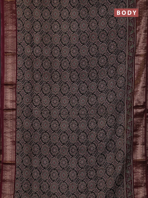 Assam silk saree black and wine with allover ajrakh prints and zari woven border