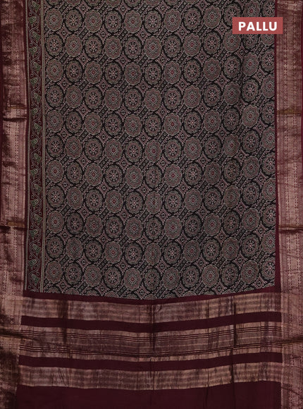 Assam silk saree black and wine with allover ajrakh prints and zari woven border