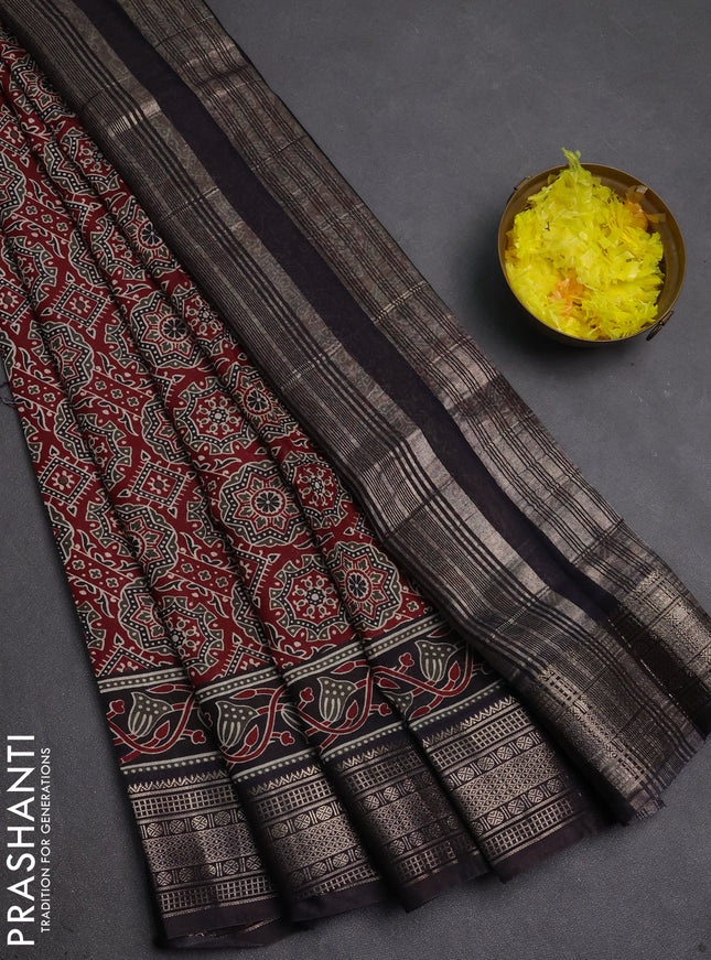 Assam silk saree maroon and black with allover ajrakh prints and zari woven border