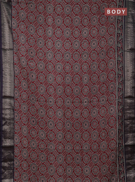 Assam silk saree maroon and black with allover ajrakh prints and zari woven border