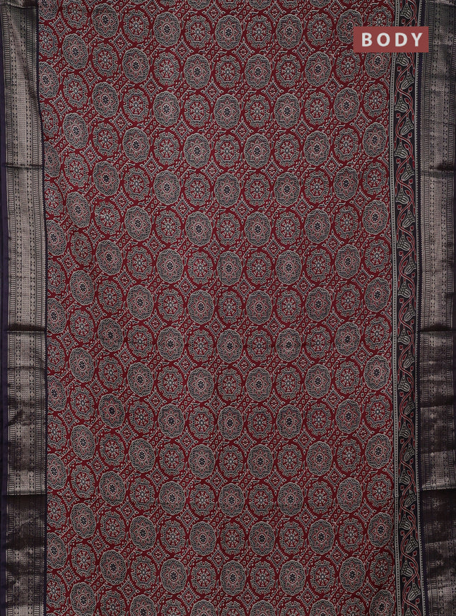Assam silk saree maroon and black with allover ajrakh prints and zari woven border