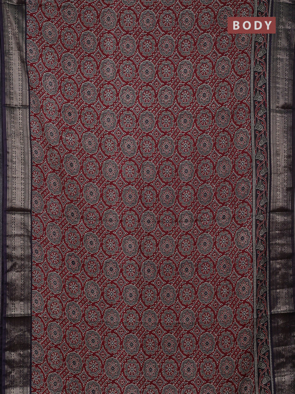 Assam silk saree maroon and black with allover ajrakh prints and zari woven border