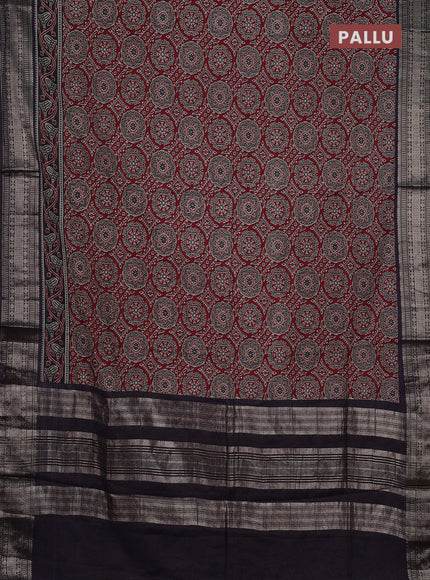 Assam silk saree maroon and black with allover ajrakh prints and zari woven border