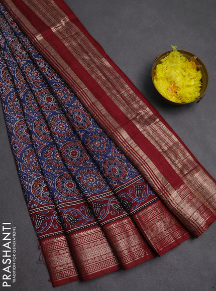 Assam silk saree indigo blue and maroon with allover ajrakh prints and zari woven border