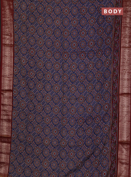 Assam silk saree indigo blue and maroon with allover ajrakh prints and zari woven border