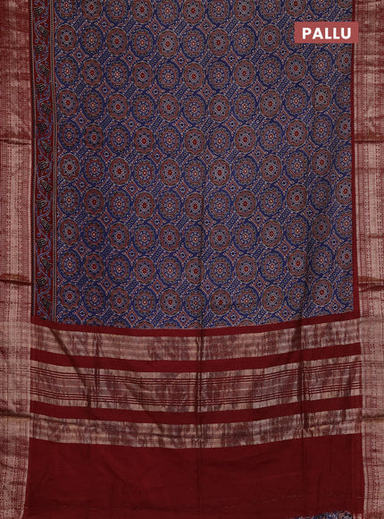 Assam silk saree indigo blue and maroon with allover ajrakh prints and zari woven border
