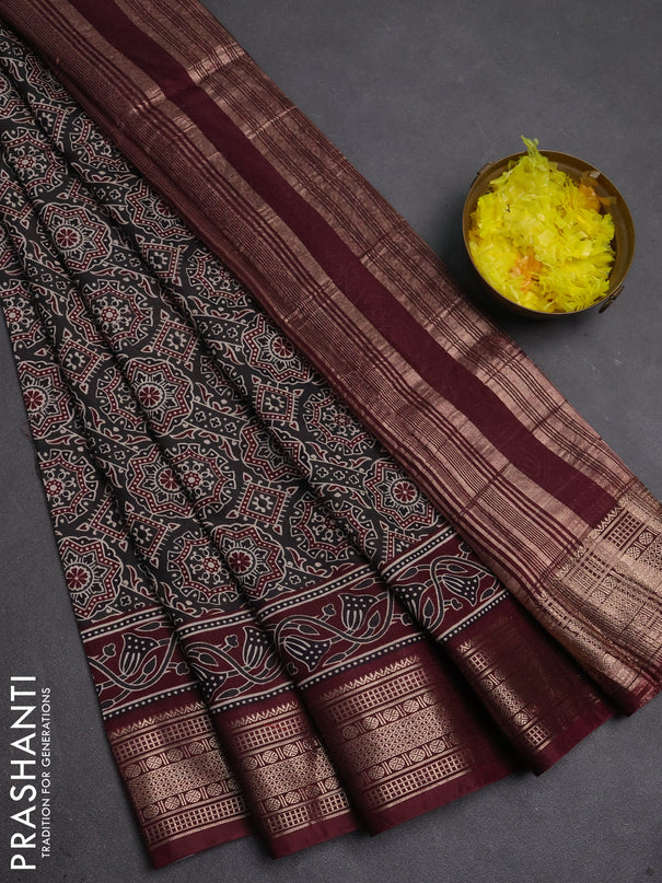 Assam silk saree grey and wine with allover ajrakh prints and zari woven border