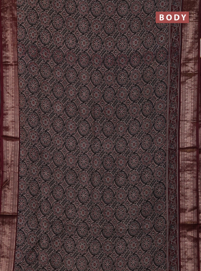 Assam silk saree grey and wine with allover ajrakh prints and zari woven border