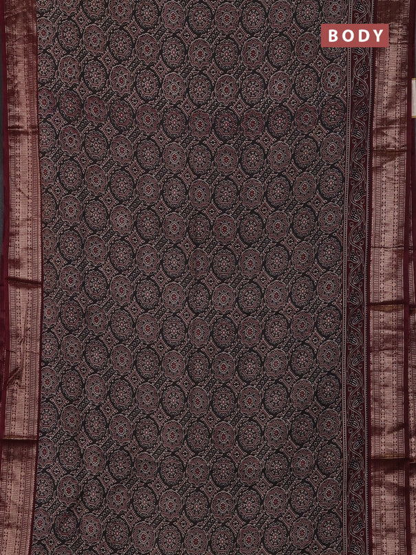 Assam silk saree grey and wine with allover ajrakh prints and zari woven border