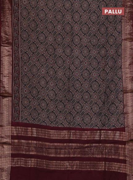 Assam silk saree grey and wine with allover ajrakh prints and zari woven border