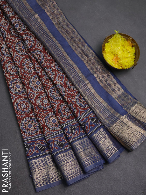 Assam silk saree coffee brown and indigo blue with allover ajrakh prints and zari woven border