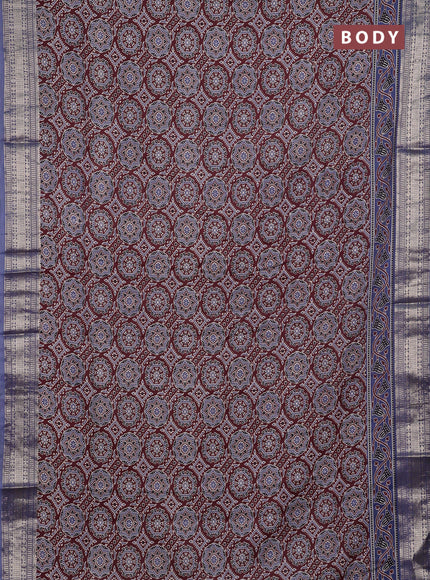 Assam silk saree coffee brown and indigo blue with allover ajrakh prints and zari woven border