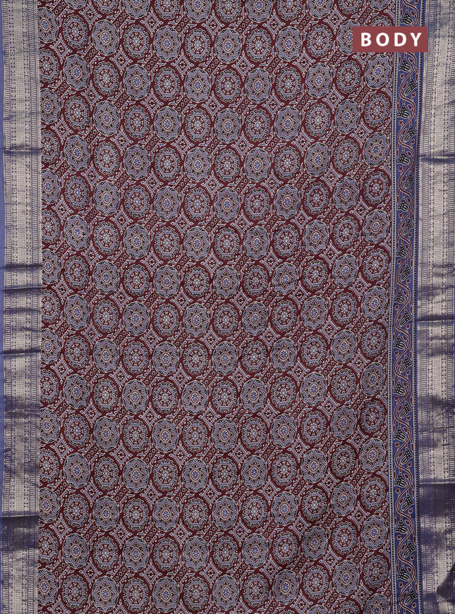 Assam silk saree coffee brown and indigo blue with allover ajrakh prints and zari woven border