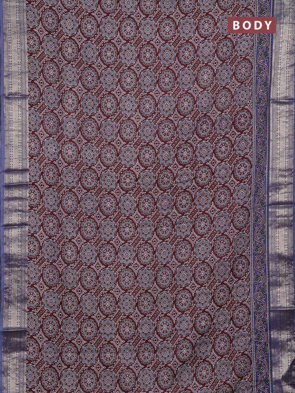 Assam silk saree coffee brown and indigo blue with allover ajrakh prints and zari woven border