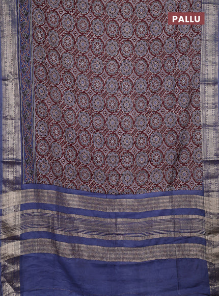Assam silk saree coffee brown and indigo blue with allover ajrakh prints and zari woven border