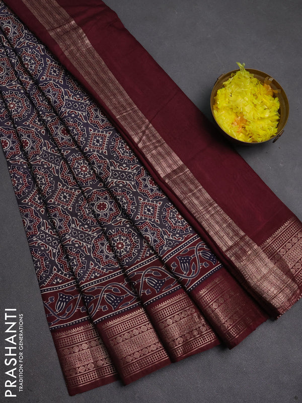 Assam silk saree grey and wine with allover ajrakh prints and zari woven border