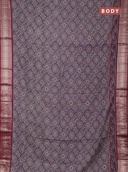 Assam silk saree grey and wine with allover ajrakh prints and zari woven border