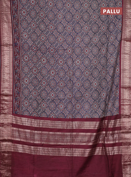 Assam silk saree grey and wine with allover ajrakh prints and zari woven border