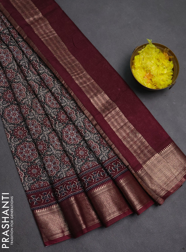 Assam silk saree grey and wine with allover ajrakh prints and zari woven border