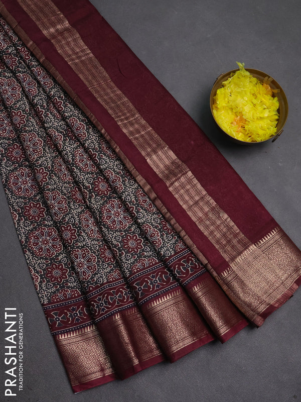 Assam silk saree grey and wine with allover ajrakh prints and zari woven border