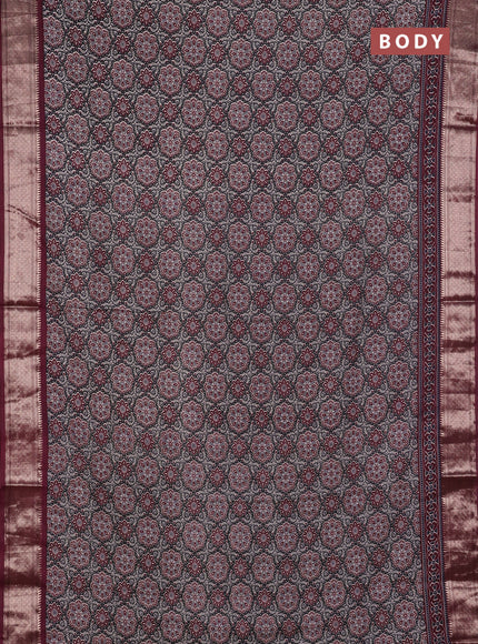 Assam silk saree grey and wine with allover ajrakh prints and zari woven border