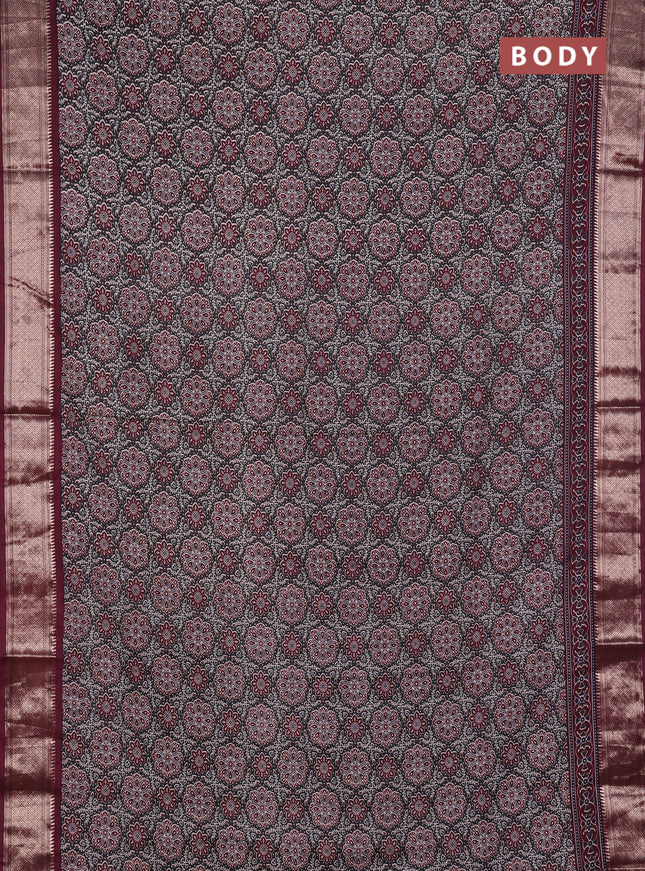 Assam silk saree grey and wine with allover ajrakh prints and zari woven border