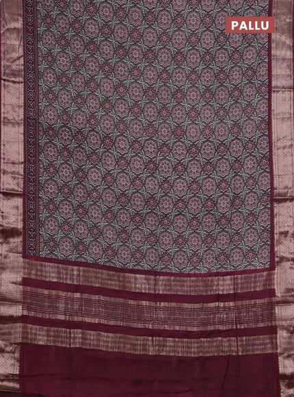 Assam silk saree grey and wine with allover ajrakh prints and zari woven border