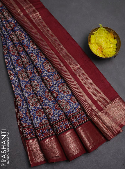 Assam silk saree indigo blue and maroon with allover ajrakh prints and zari woven border