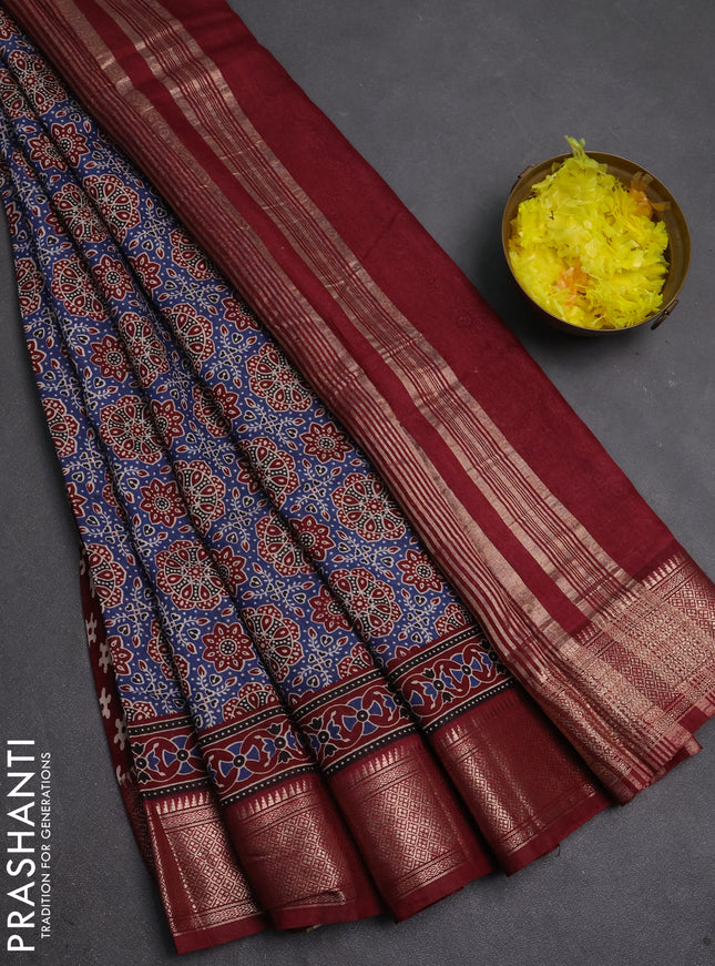 Assam silk saree indigo blue and maroon with allover ajrakh prints and zari woven border