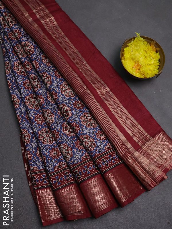 Assam silk saree indigo blue and maroon with allover ajrakh prints and zari woven border