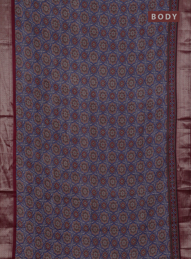 Assam silk saree indigo blue and maroon with allover ajrakh prints and zari woven border