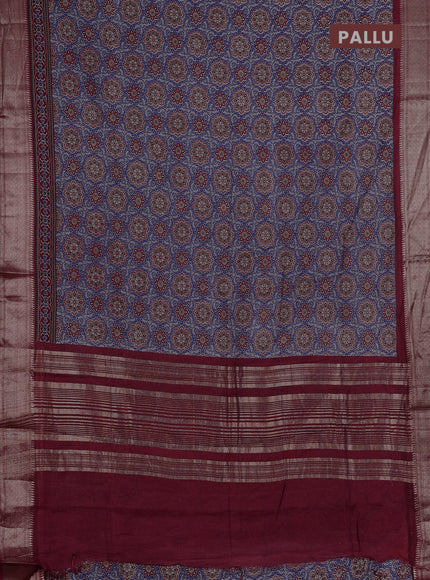 Assam silk saree indigo blue and maroon with allover ajrakh prints and zari woven border