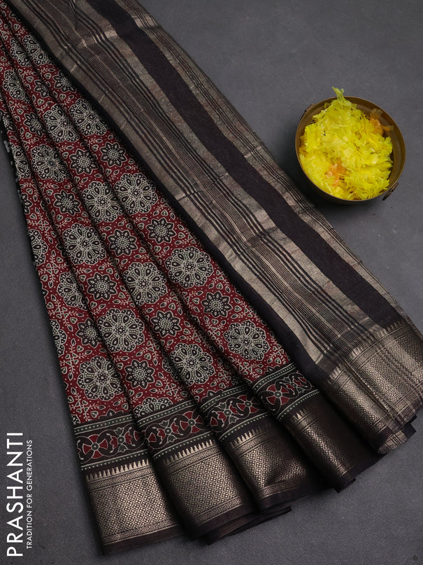 Assam silk saree maroon and coffee brown with allover ajrakh prints and zari woven border