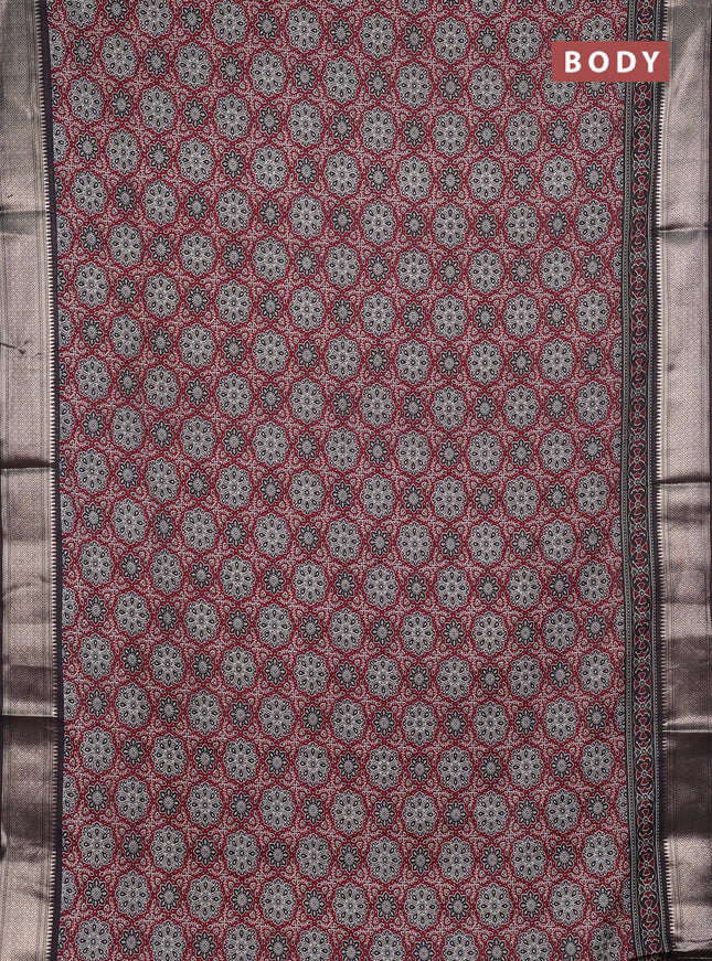 Assam silk saree maroon and coffee brown with allover ajrakh prints and zari woven border