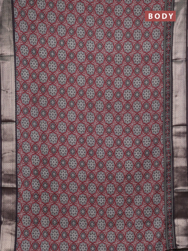 Assam silk saree maroon and coffee brown with allover ajrakh prints and zari woven border