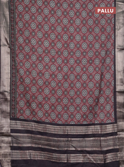 Assam silk saree maroon and coffee brown with allover ajrakh prints and zari woven border