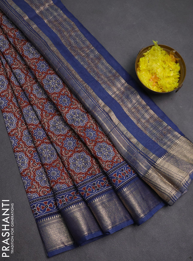 Assam silk saree coffee brown and indigo blue with allover ajrakh prints and zari woven border