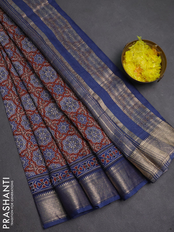 Assam silk saree coffee brown and indigo blue with allover ajrakh prints and zari woven border