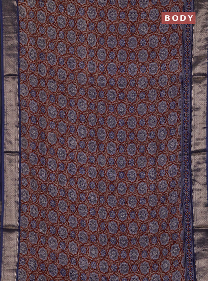 Assam silk saree coffee brown and indigo blue with allover ajrakh prints and zari woven border