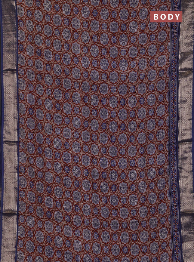 Assam silk saree coffee brown and indigo blue with allover ajrakh prints and zari woven border
