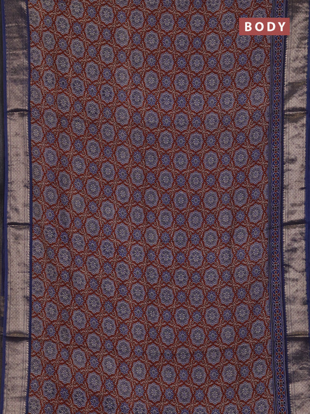 Assam silk saree coffee brown and indigo blue with allover ajrakh prints and zari woven border