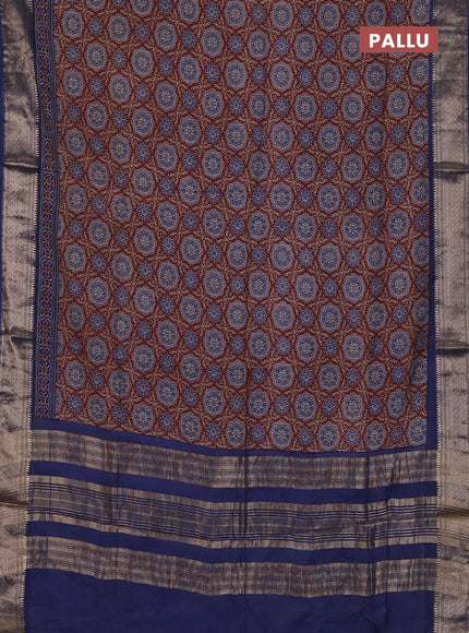 Assam silk saree coffee brown and indigo blue with allover ajrakh prints and zari woven border
