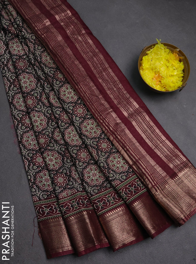 Assam silk saree black and wine with allover ajrakh prints and zari woven border