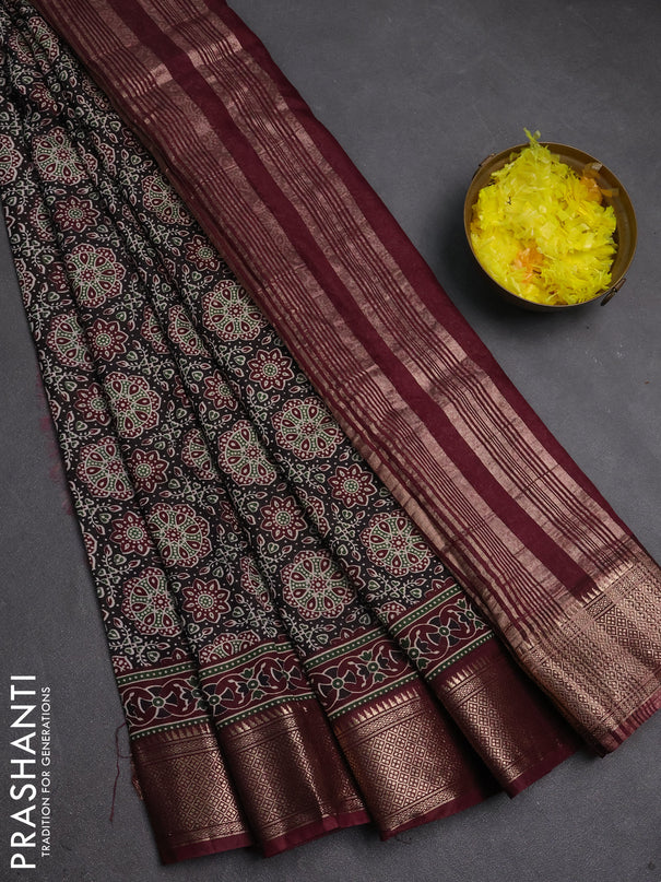 Assam silk saree black and wine with allover ajrakh prints and zari woven border