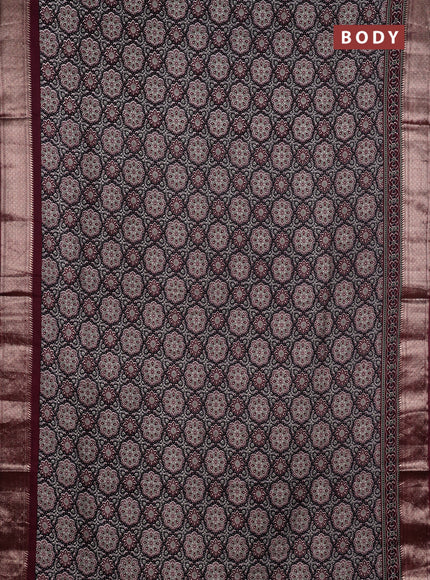 Assam silk saree black and wine with allover ajrakh prints and zari woven border
