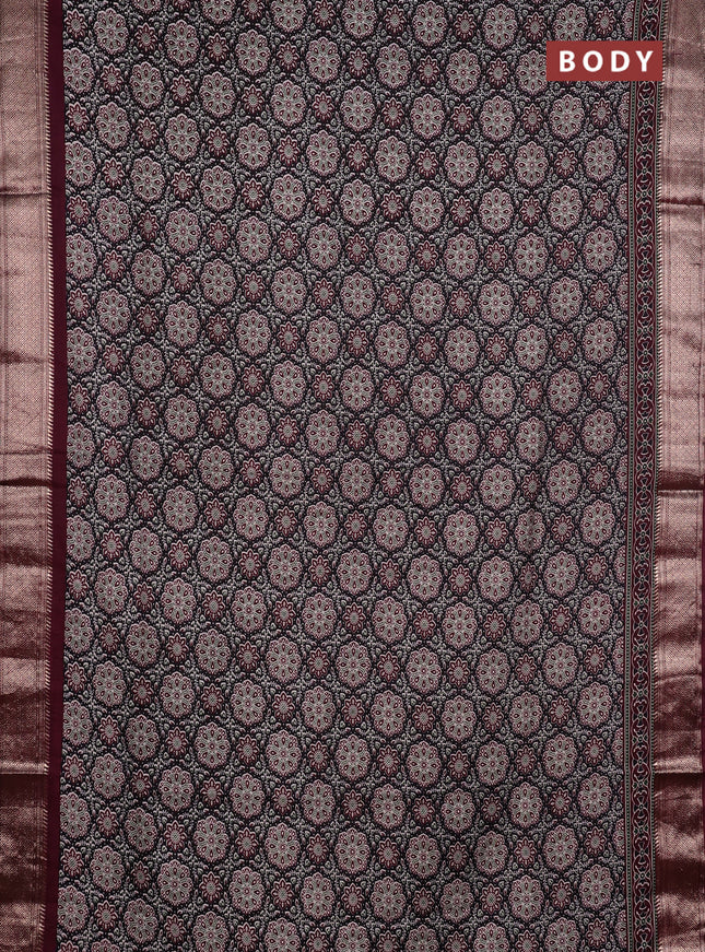 Assam silk saree black and wine with allover ajrakh prints and zari woven border