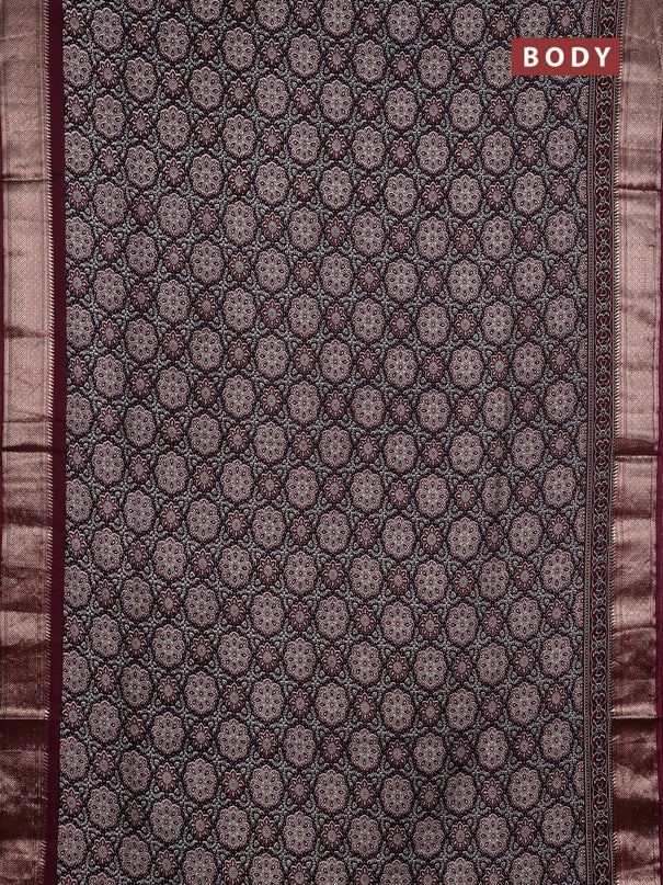 Assam silk saree black and wine with allover ajrakh prints and zari woven border