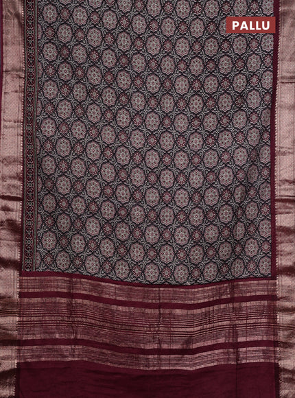 Assam silk saree black and wine with allover ajrakh prints and zari woven border